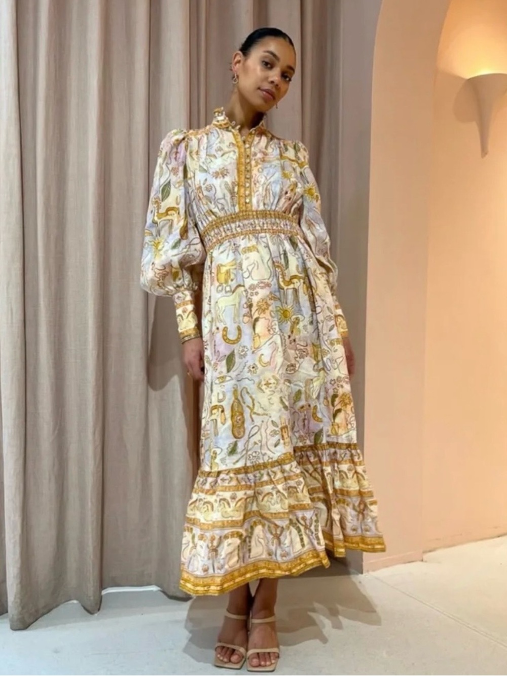 Alemais Pale Yellow Printed Maxi Dress with Smocked Waist